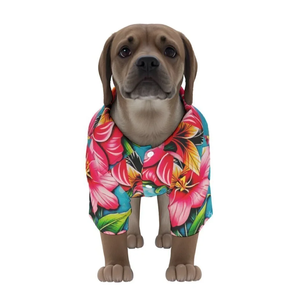 Dog Floral Hawaiian Shirt Medium  Hibiscus Pink Flowers, Stocking Stuffer NWT